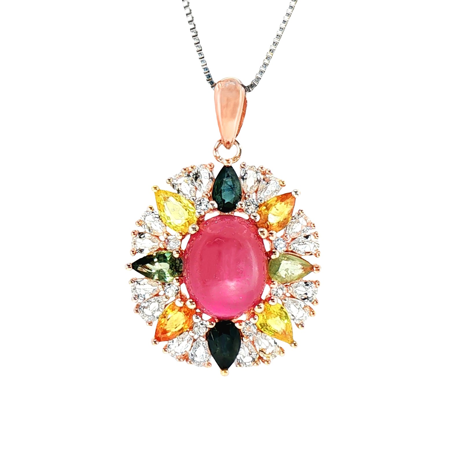 Pink Ruby Gemstone 925 Sterling Silver Oval Pendant Rhodium Top Red Pink