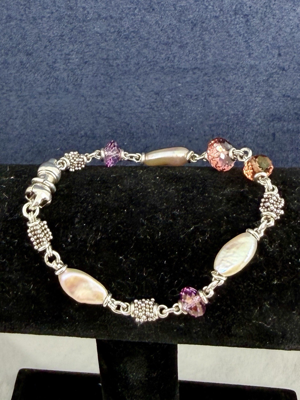 MICHAEL DAWKINS Sterling Silver MOP Purple Pink Amber Popcorn Bracelet; 7.5”