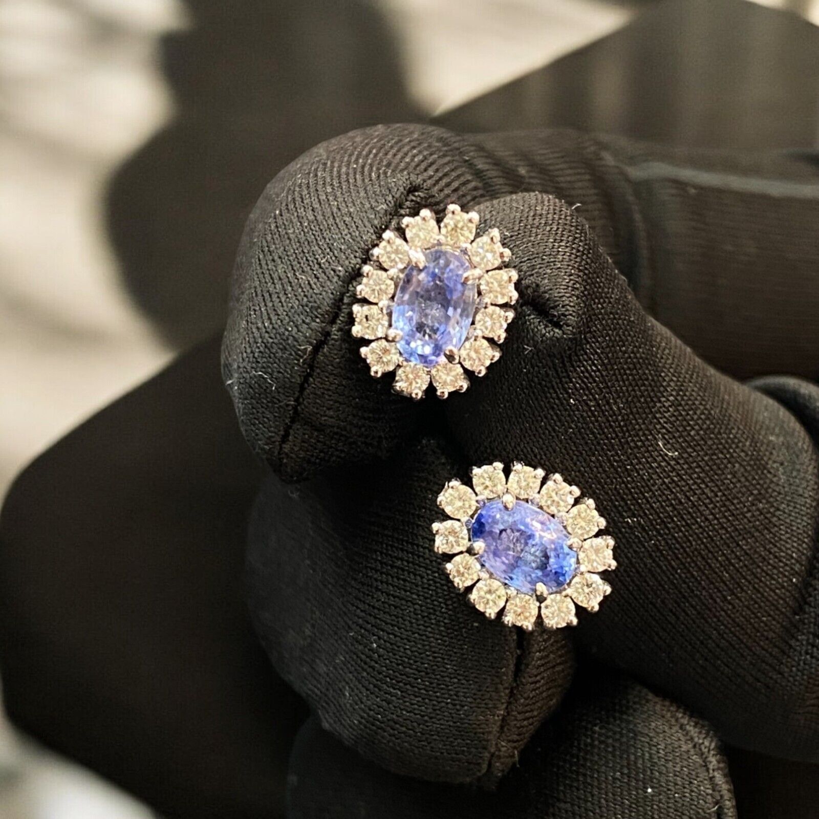 1.85 Cts Round Brilliant Cut Diamond Blue Sapphire Stud Earrings 14K White Gold