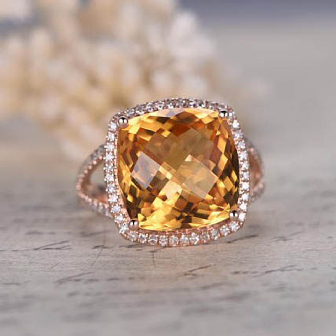 10.35 Cts Cushion Citrine and Diamond Halo Split Shank 14k Rose Gold Ring u557
