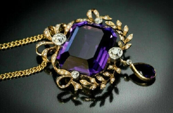 Antique 5Ct Emerald Cut Amethyst Pearl Pendant 14K Yellow Gold Finish Free Chain