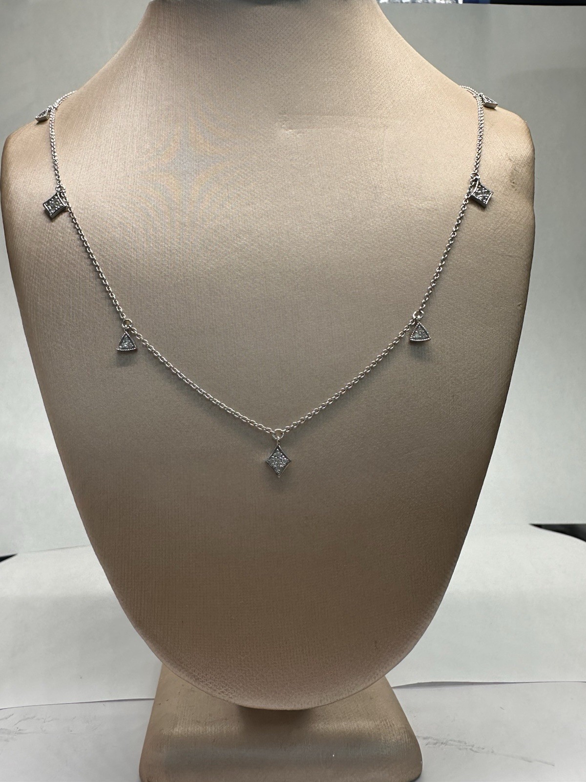 14K White Gold Natural Diamond Geometric Charm Station Necklace, Cable Chain