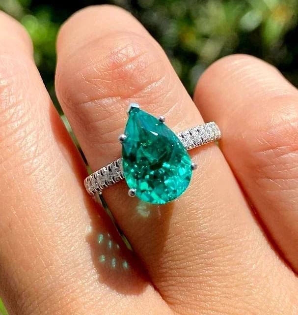 2.50CT Pear Cut Lab-Created Emerald Engagement Ring 14K White Gold Plated