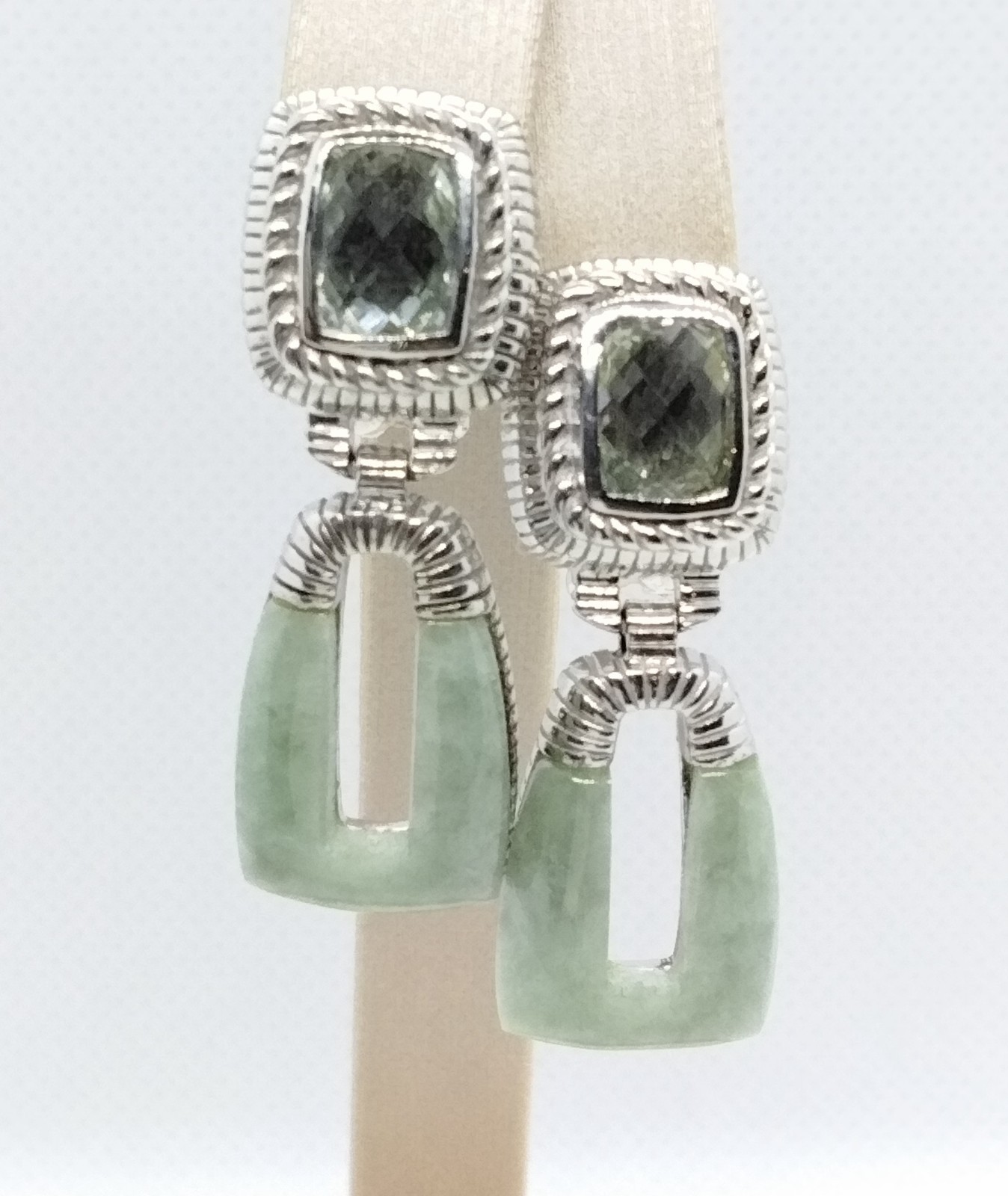 Judith Ripka Sterling Silver Prasiolite Jade Dangle Omega Back Dangle Earrings
