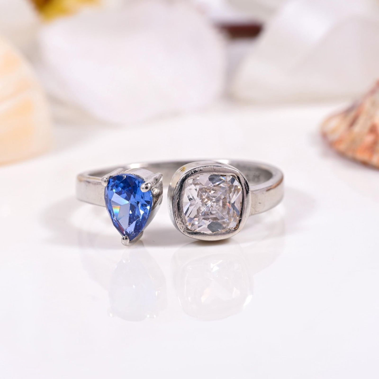Blue & White CZ Gemstone Sterling Silver Open Ring | Adjustable Statement Ring