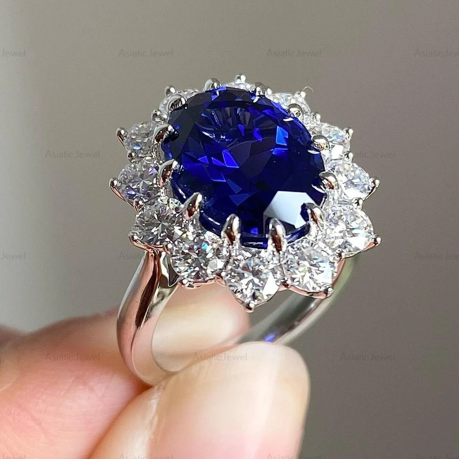 6 Ct Oval Cut Natural Sapphire Diamond Wedding Halo Ring 14K White Gold Size 7