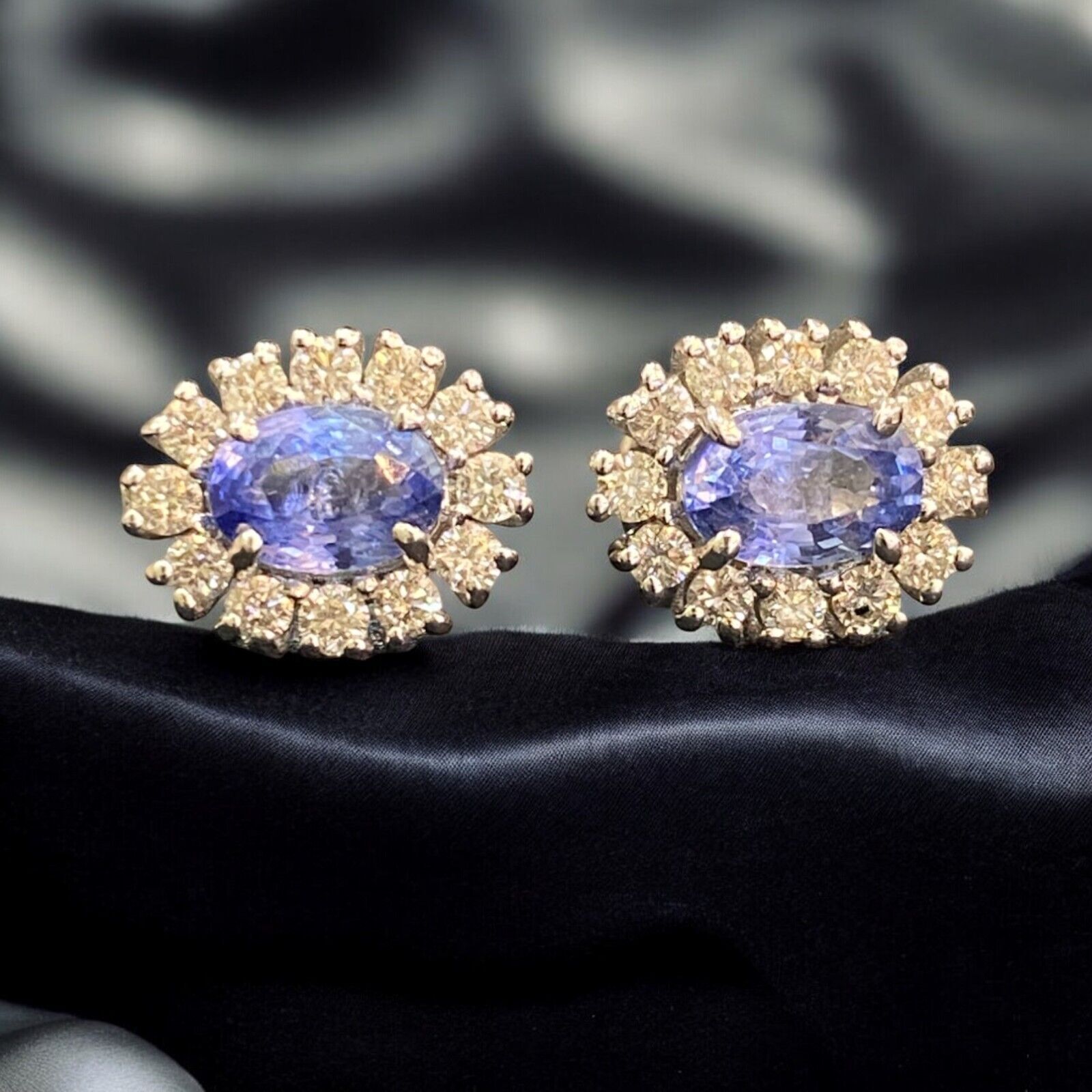 1.85 Cts Round Brilliant Cut Diamond Blue Sapphire Stud Earrings 14K White Gold