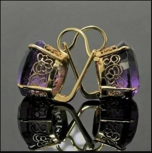 4 Ct Oval Cut Lab-Created Amethyst Drop Dangle Earrings 14K Yellow Gold Plated