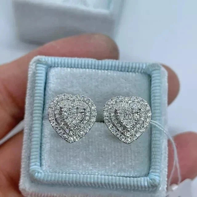 2Ct Round Cut Real Moissanite Heart Shape Stud Earrings 14K White Gold Plated