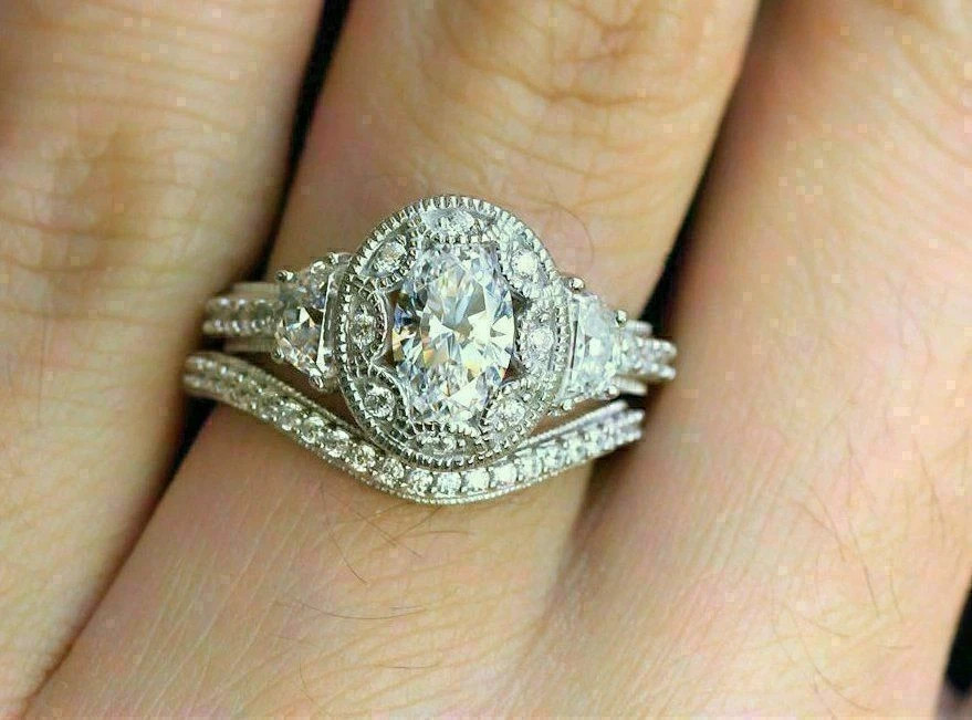 3.00CT Oval Cut Lab Created Bridal Engagement Ring Set 925 Sterling Silver SZ 9