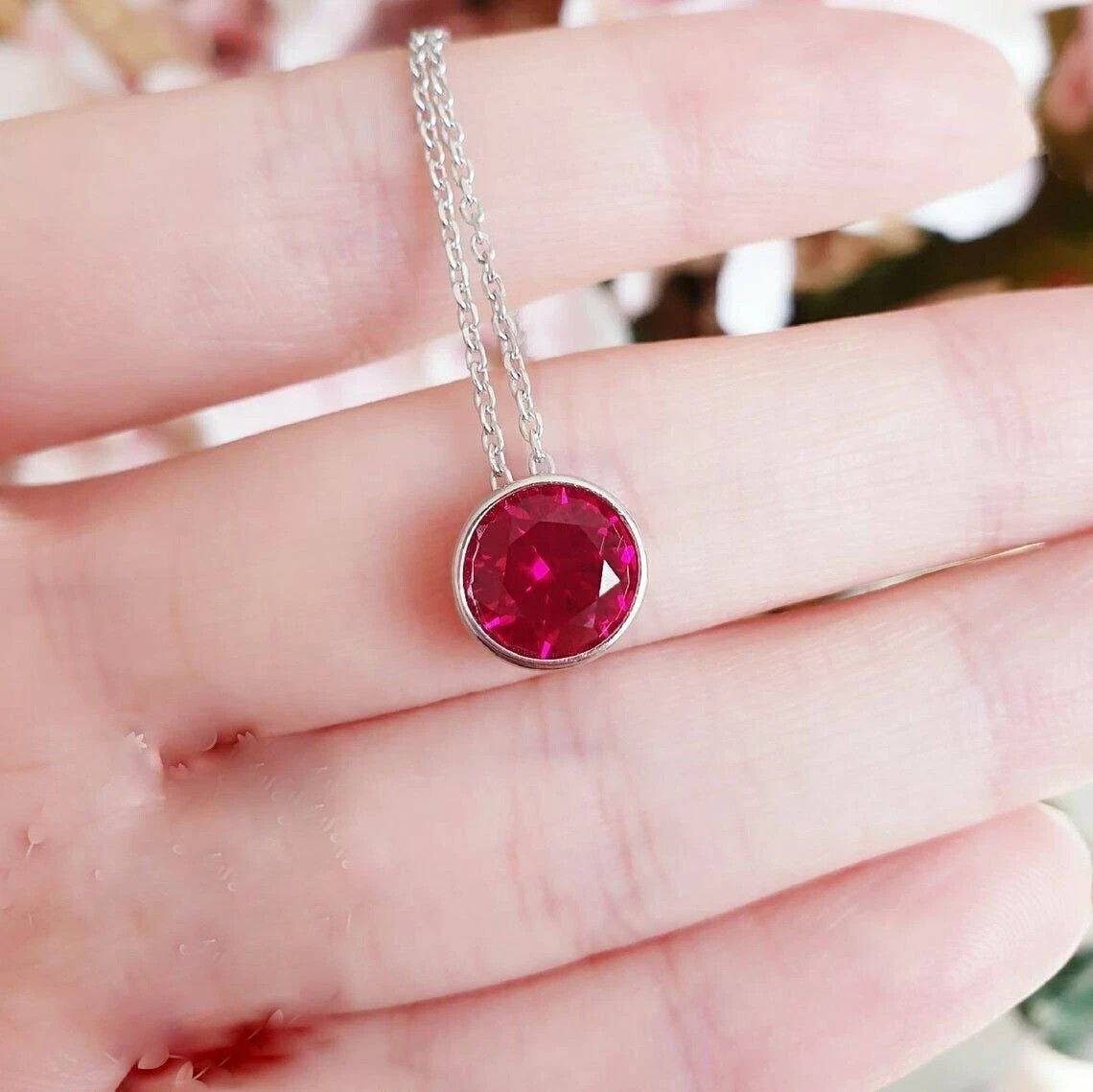 2 CT Solitaire Pink Ruby Bezel Set Pendant With Free Chain 14K White Gold FN