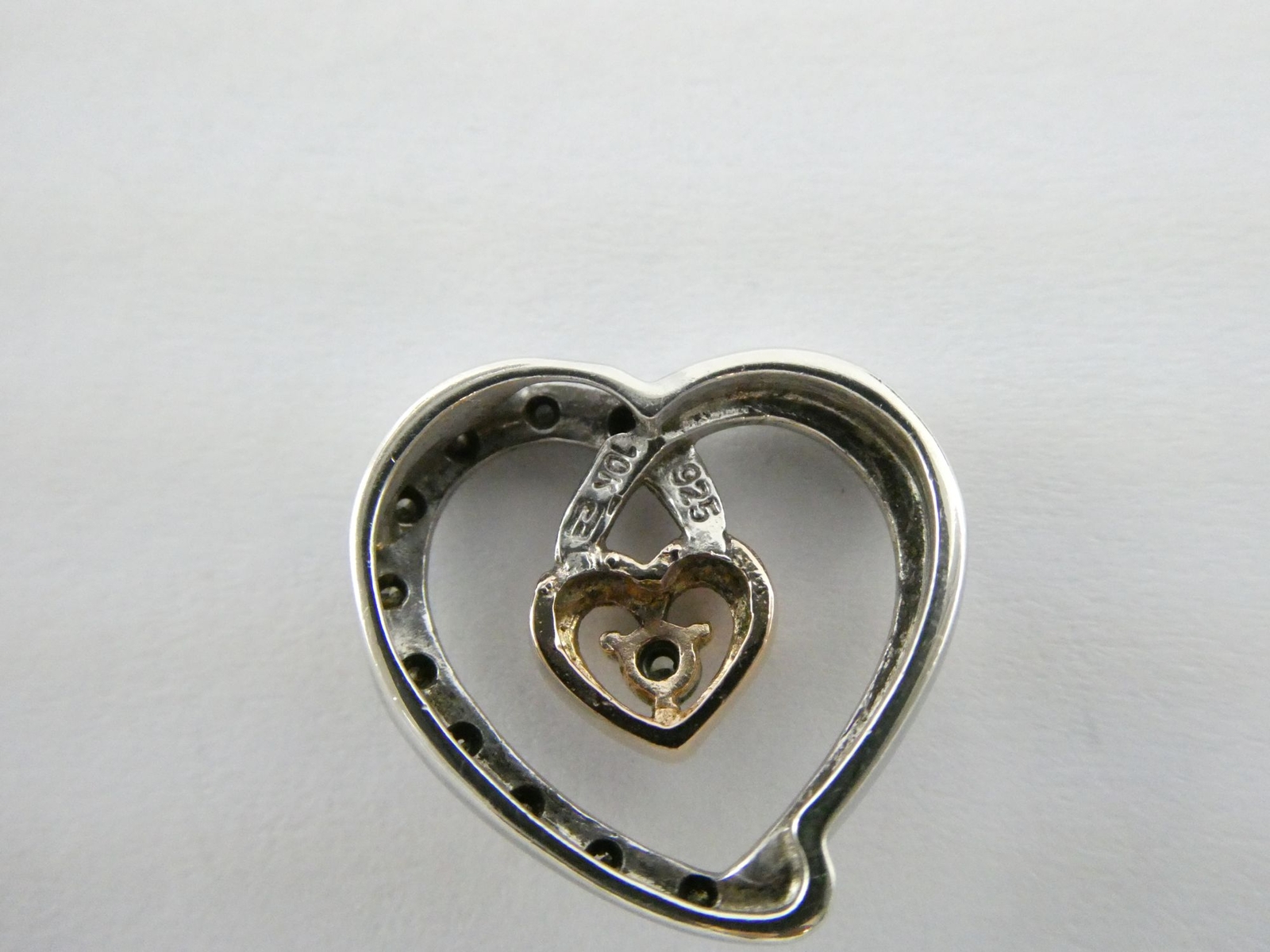 Designer Sterling Silver and 10k Gold Natural Diamond Heart Pendant 2.5g .75 In