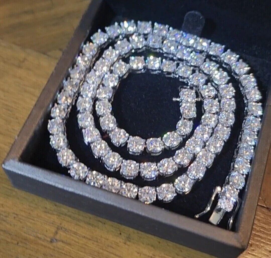28.50 CT Round Cut REAL MOISSANITE Tennis Necklace 14K White Gold Plated 18″