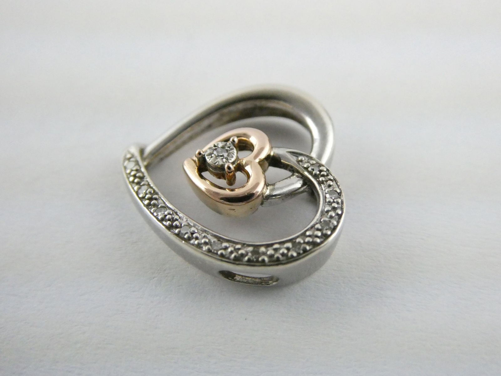 Designer Sterling Silver and 10k Gold Natural Diamond Heart Pendant 2.5g .75 In