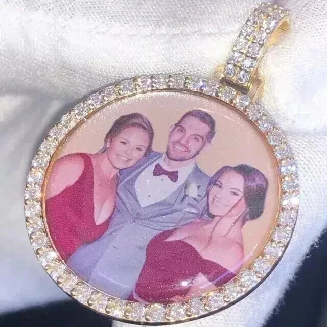 Custom Memory Photo Pendant 2Ct Round Cut Real Moissanite 14K Yellow Gold Plated