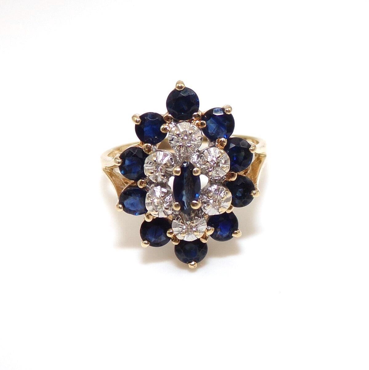 14K Yellow Gold Blue Sapphire Diamond Halo Ring Size 6.25