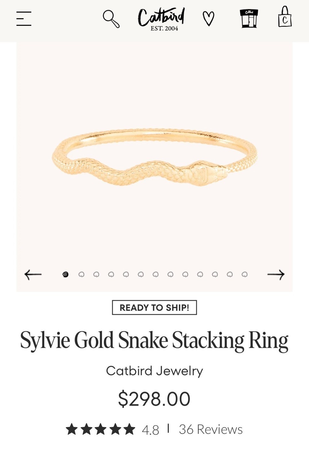 Catbird 14k Yellow Gold Sylvie Snake Stacking Ring Size 10