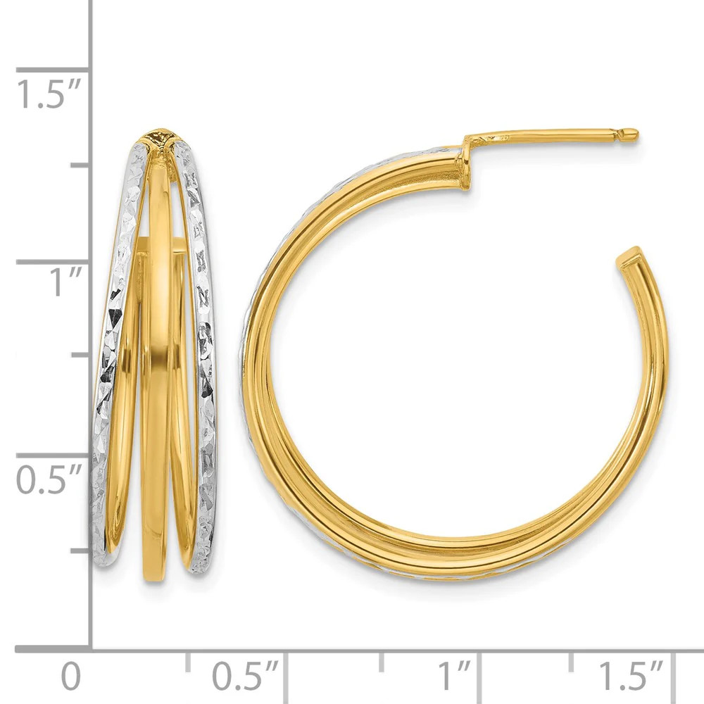 14K Yellow & RH With White RH And Diamond-Cut 3-Row Round J-Hoop Post Earrings