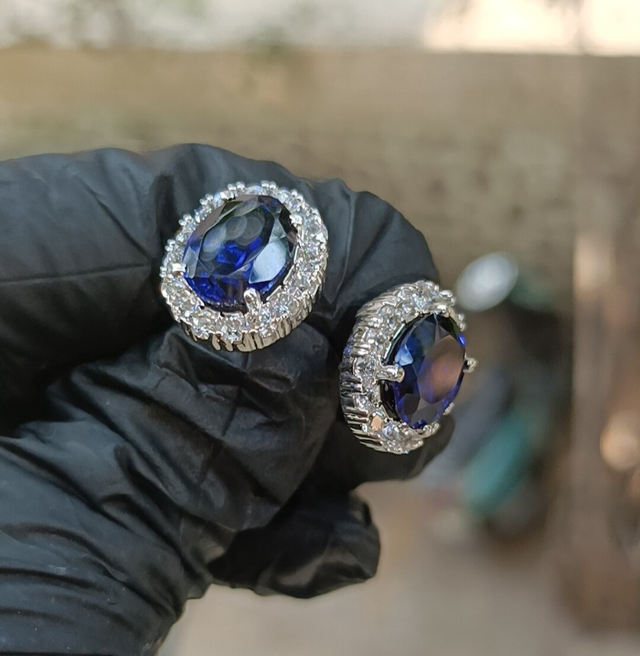 1.20Ct Oval Cut Lab-Created Sapphire Halo Stud Earrings 14K White Gold Plated