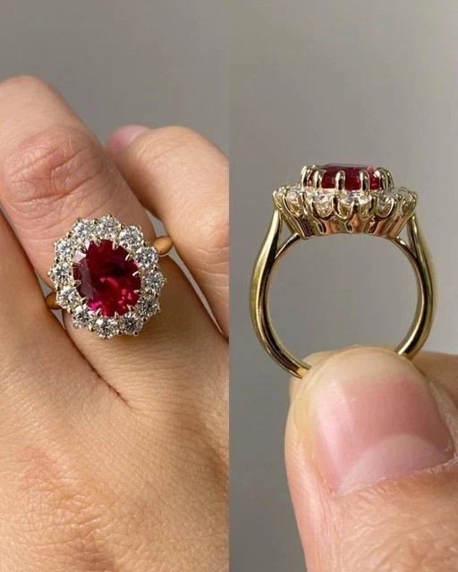 4Ct Oval Cut Lab-Created Ruby Diamond Halo Wedding Ring 14K Yellow Gold Plated