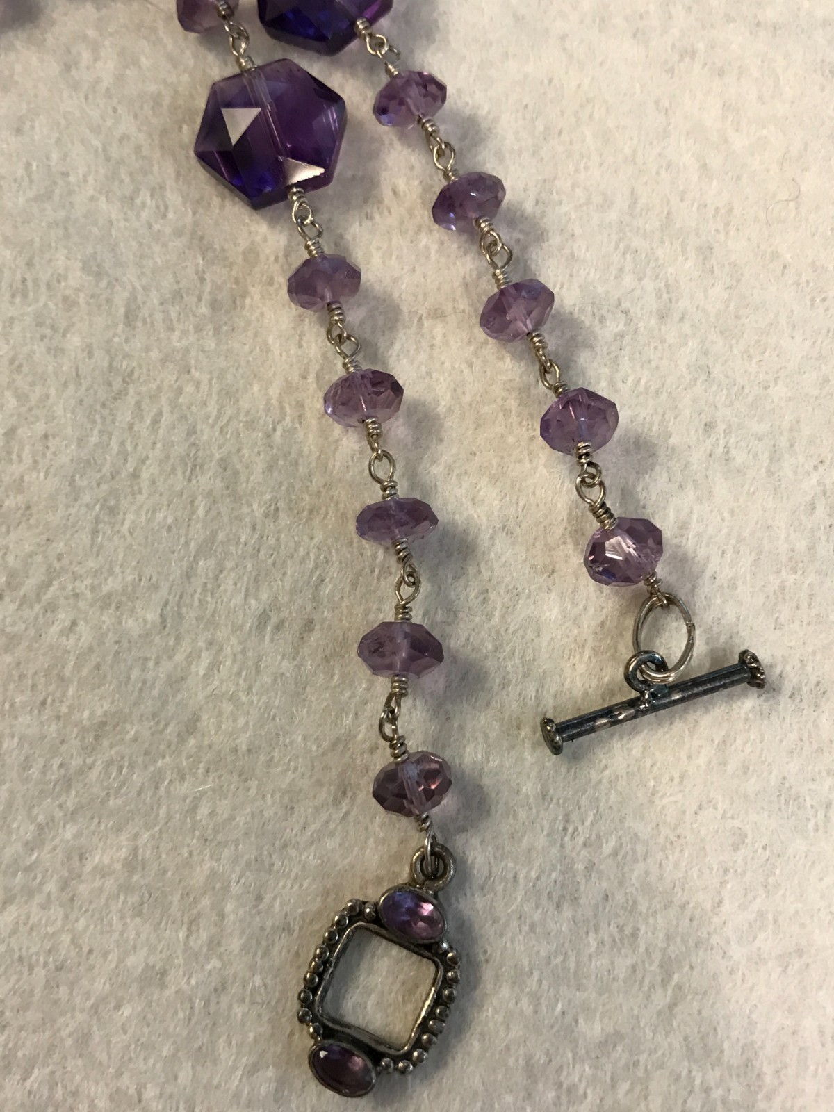 Vintage Faceted Amethyst Flower 16″ Sterling Silver Toggle Necklace Unknown Mark
