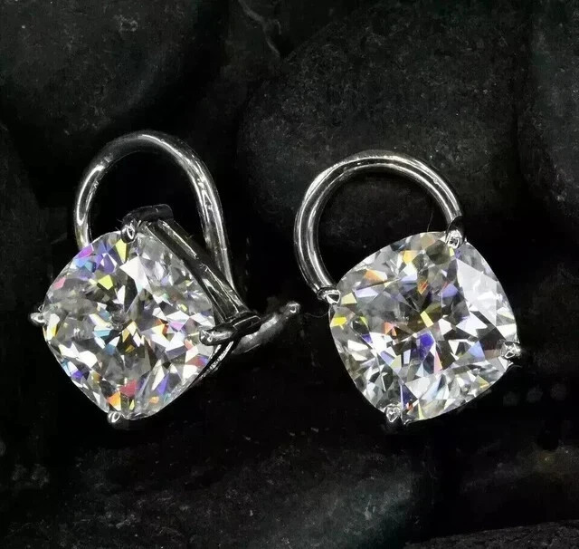 Real Moissanite 3.0Ct Cushion Cut Omega Back Stud Earrings 14K White Gold Plated
