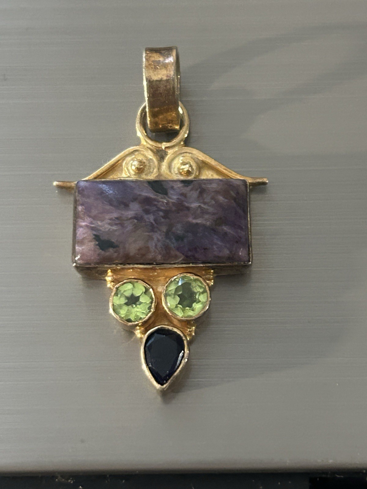 Gold Over Sterling Silver Charoite Peridot Sapphire Pendant