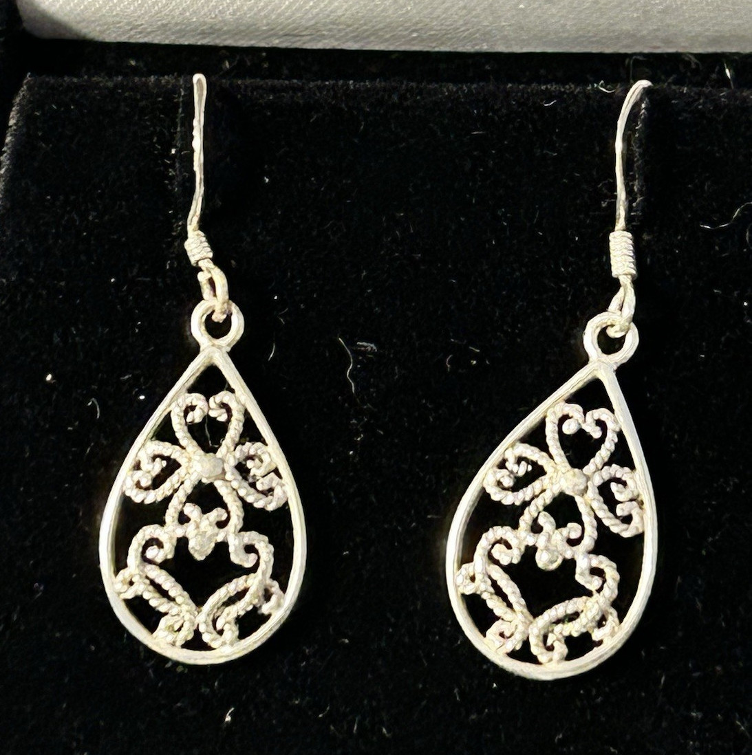 Vintage 1990’s Sterling Silver Teardrop Filigree Earrings, Hook Closure 925 MJ