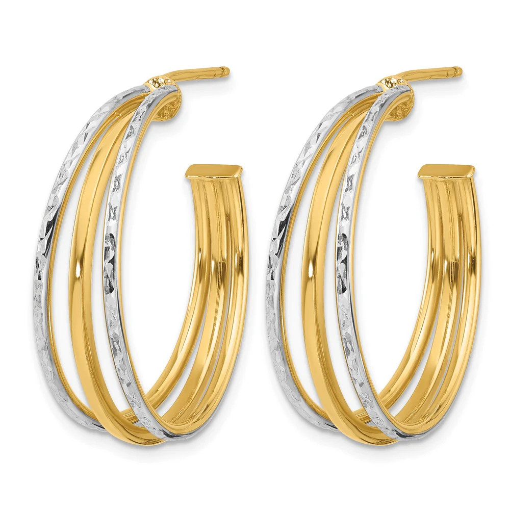14K Yellow & RH With White RH And Diamond-Cut 3-Row Round J-Hoop Post Earrings