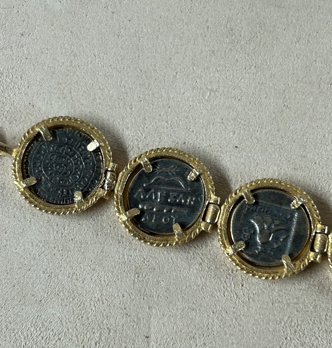 Sterling Silver Vermeil Ancient Greek Coins Link Bracelet 7.25 “