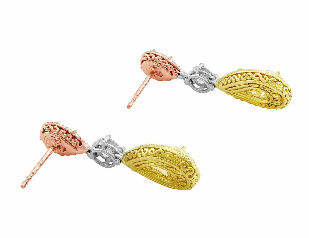 5Ct Lab-Created Yellow Pink Sapphire Cocktail Drop Earrings 3 Tone Gold Plated
