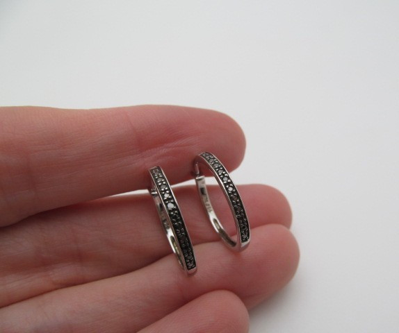 925 Sterling Silver Oxidized Black Micro Bead 2.25mm Wide Hoop Earrings .75 In