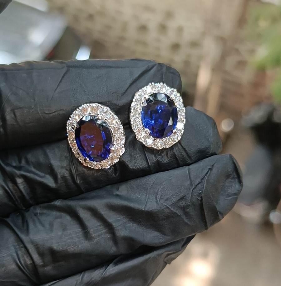 1.20Ct Oval Cut Lab-Created Sapphire Halo Stud Earrings 14K White Gold Plated