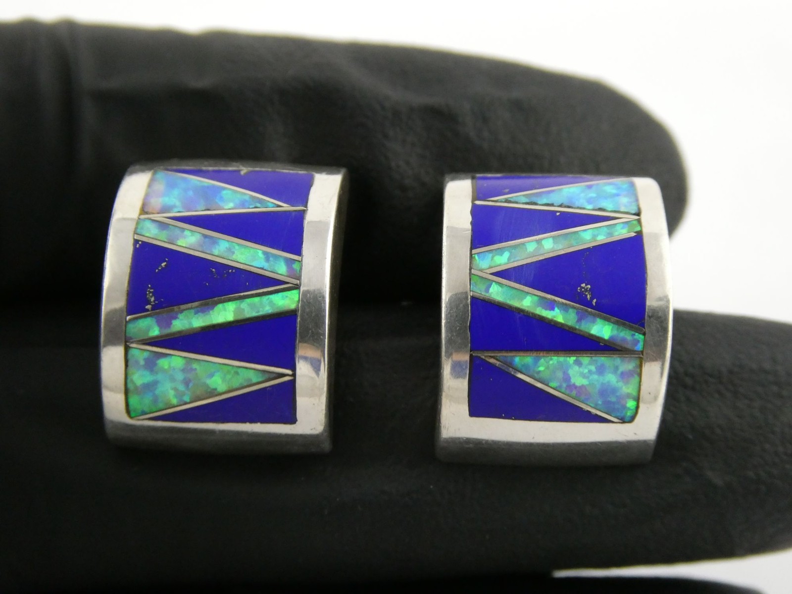 Southwestern Sterling Silver Lapis Lazuli and Lab Opal Stud Earrings 10g .75 In
