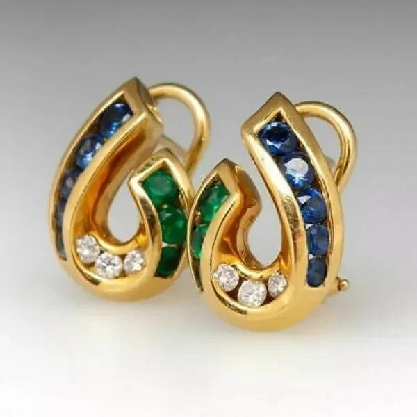1.20Ct Lab Created Sapphire/Emerald Diamond Hoop Earrings 14K Yellow Gold Plated