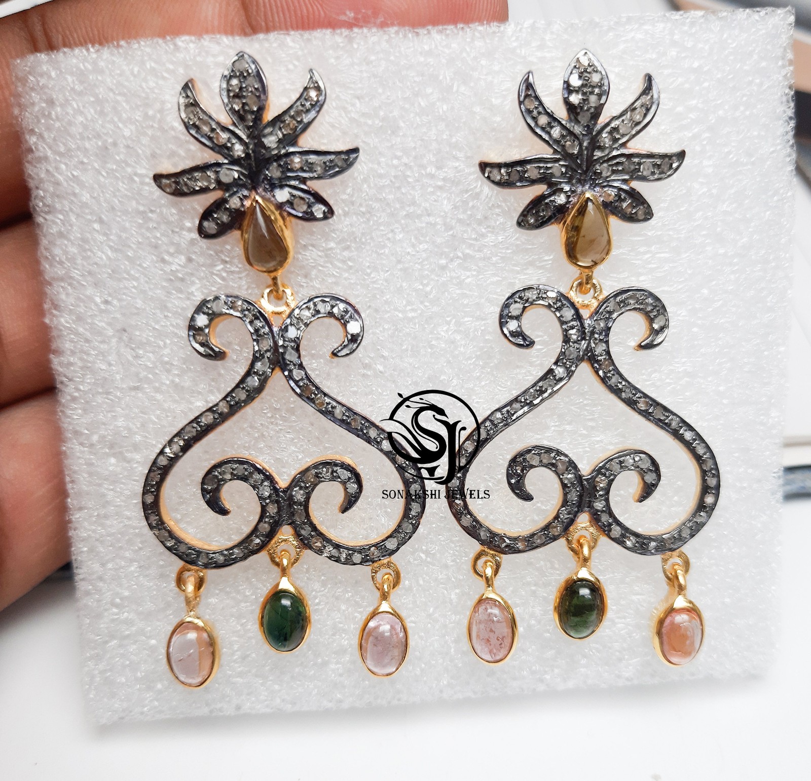 Diamond Tourmaline Earrings: 925 Sterling Silver Victorian Dangle Earring