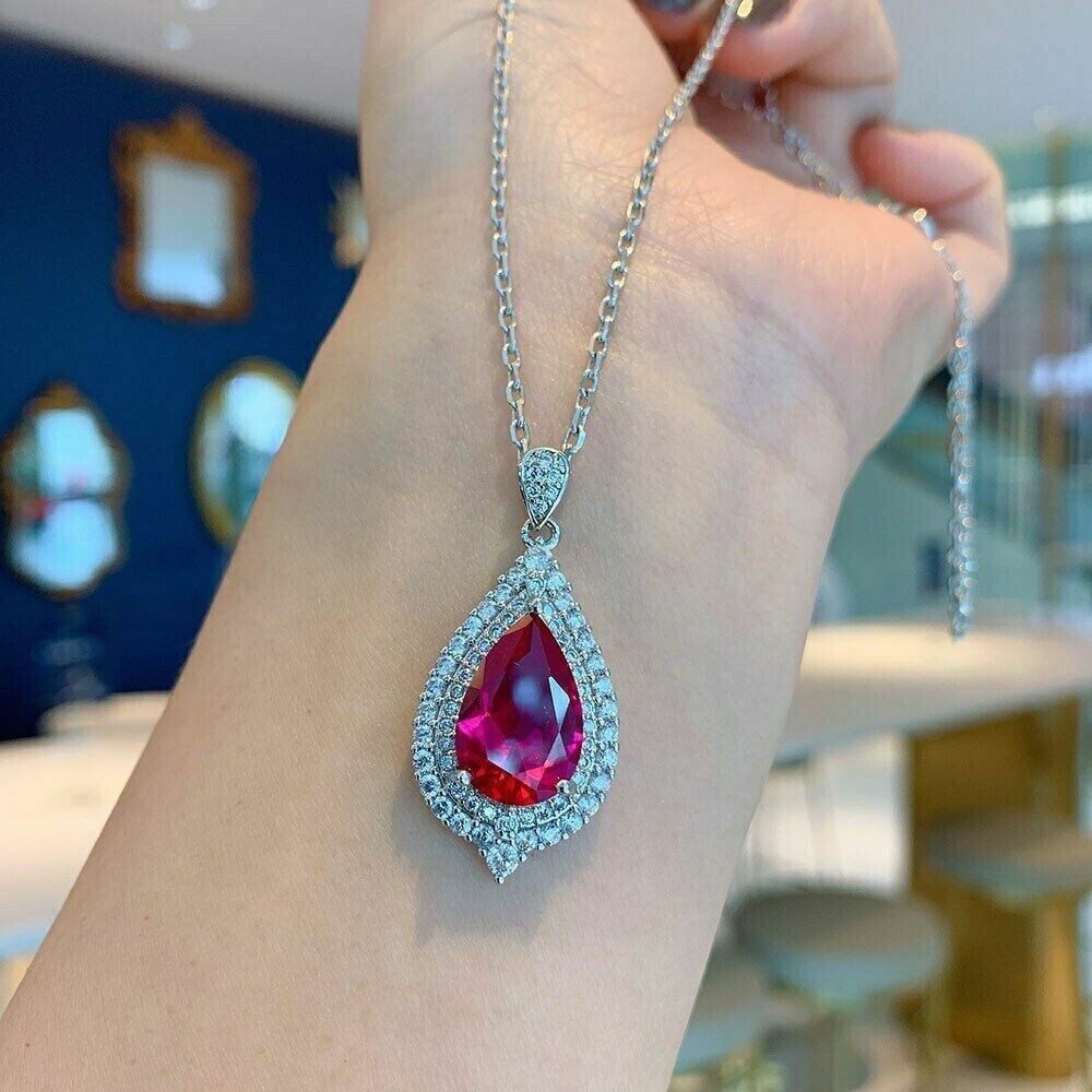 3.50Ct Pear Cut Red Ruby Halo Teardrop Pendant 16″Free Chain 14K White Gold Over
