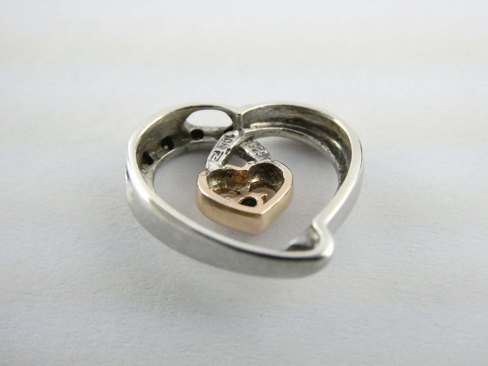 Designer Sterling Silver and 10k Gold Natural Diamond Heart Pendant 2.5g .75 In
