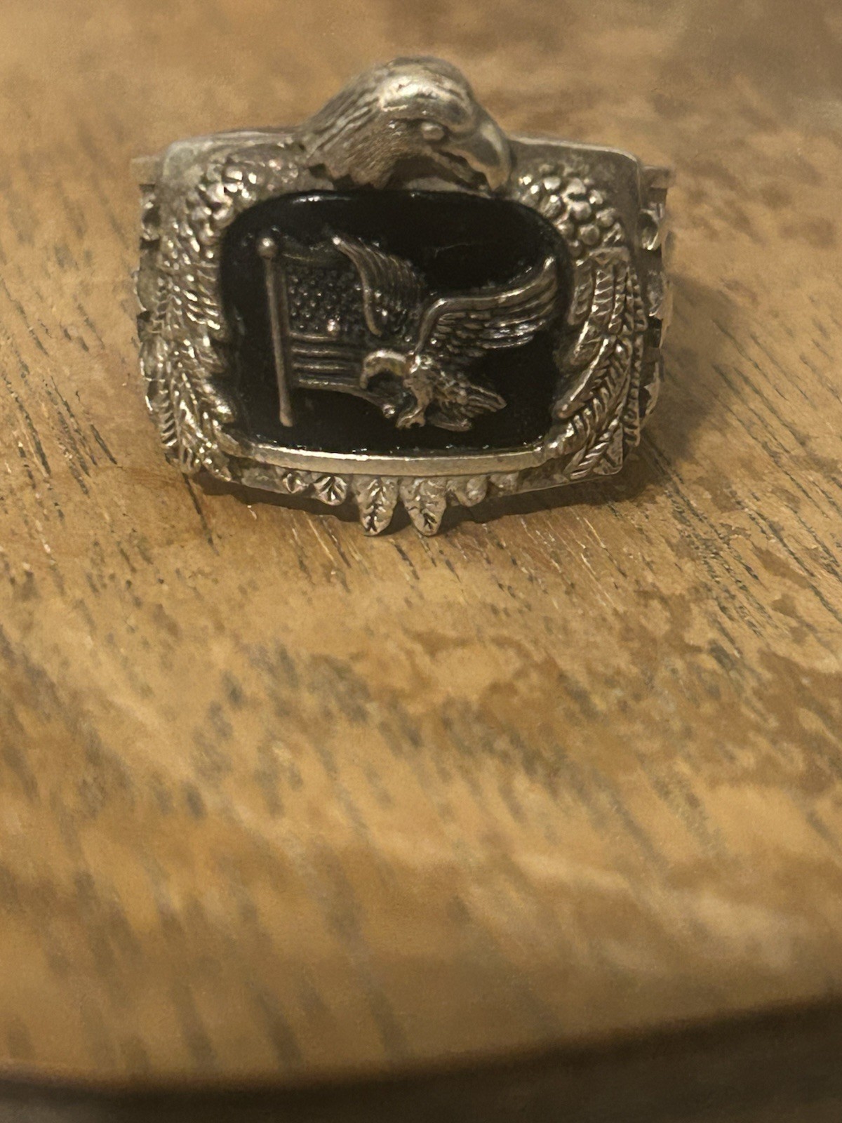 BGE 925 Sterling Silver Black Onyx Patriotic Eagle Flag Ring Size 9 Signed
