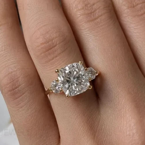 6 CT Cushion-Cut E/VS1 Lab Grown Diamond 3 Stone Engagement Ring 14K Yellow Gold