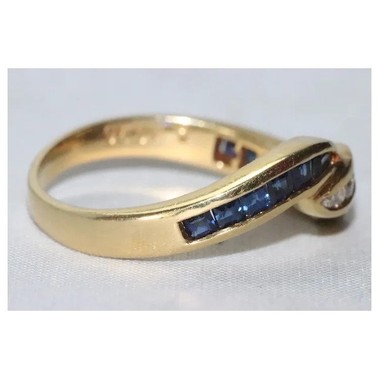 18K Yellow Gold Channel Set Diamond Sapphire Crossover Ring