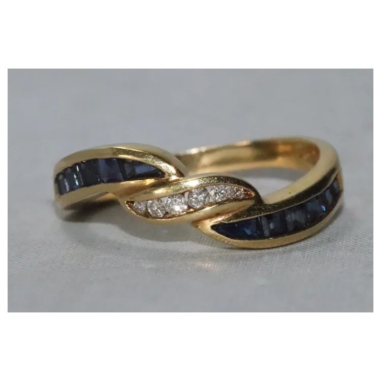 18K Yellow Gold Channel Set Diamond Sapphire Crossover Ring