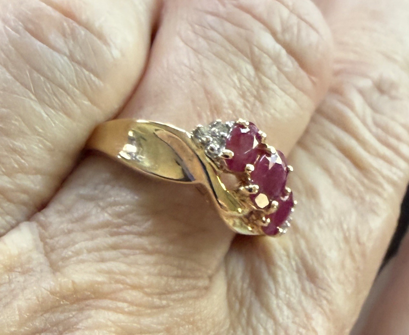 14k Yellow Gold Three Oval Ruby And Diamond Ring