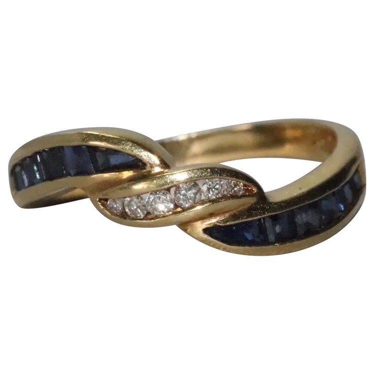 18K Yellow Gold Channel Set Diamond Sapphire Crossover Ring