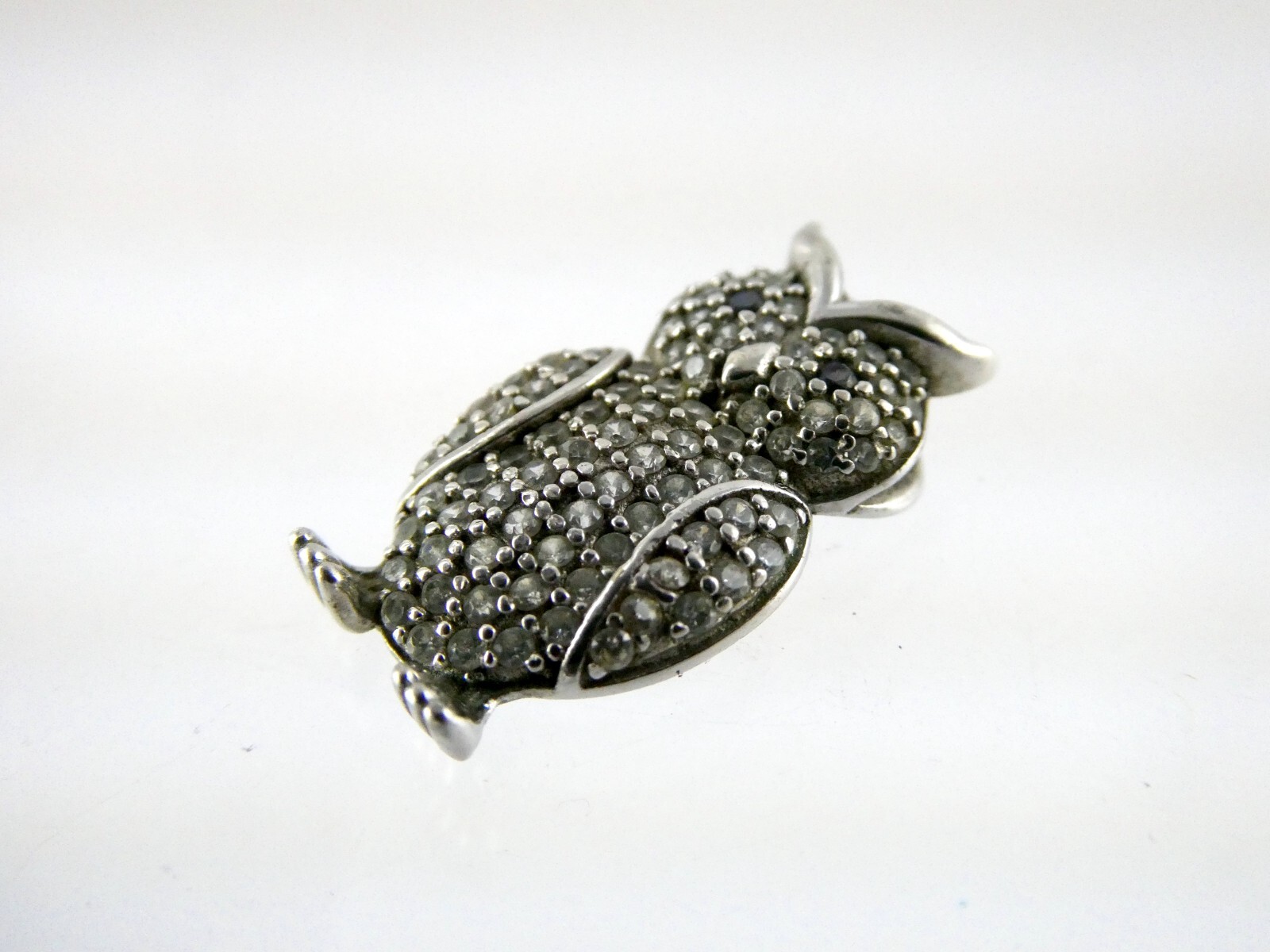 Sterling Silver White and Blue Crystal Pave Studded Owl Pendant 925 1.9g .75 In