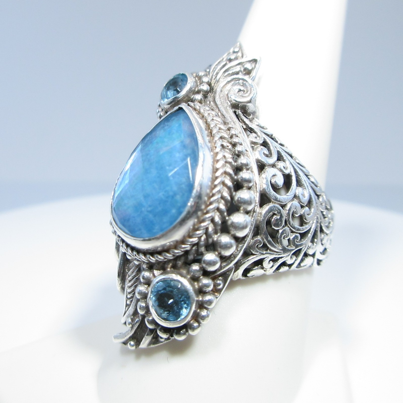 Sarda Sterling Silver Blue MOP Quartz Triplet & Swiss Blue Topaz Ring Size 9