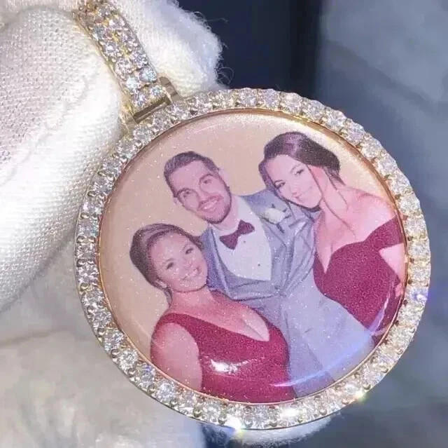 Custom Memory Photo Pendant 2Ct Round Cut Real Moissanite 14K Yellow Gold Plated