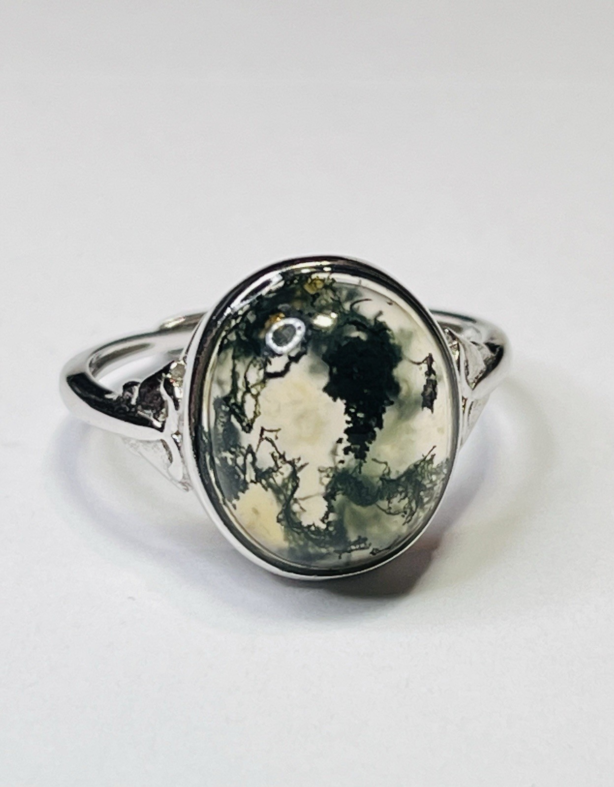Real 925 Sterling Silver Natural Authentic Cabochon Green Moss Agate Ring