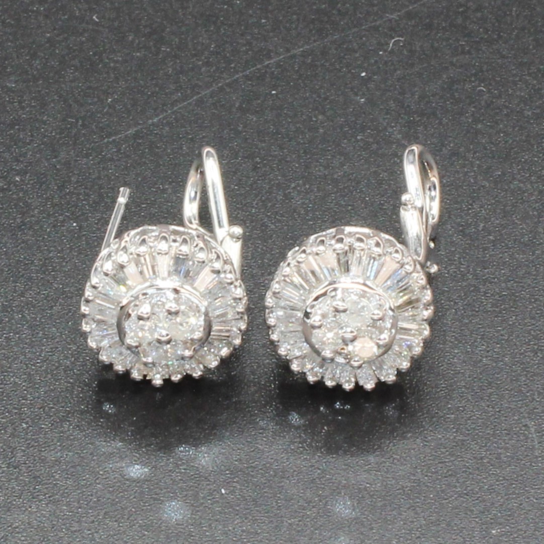 14K White REAL NATURAL Diamond Cluster Earrings 1.25CT Baguette HEAVY Omega Back