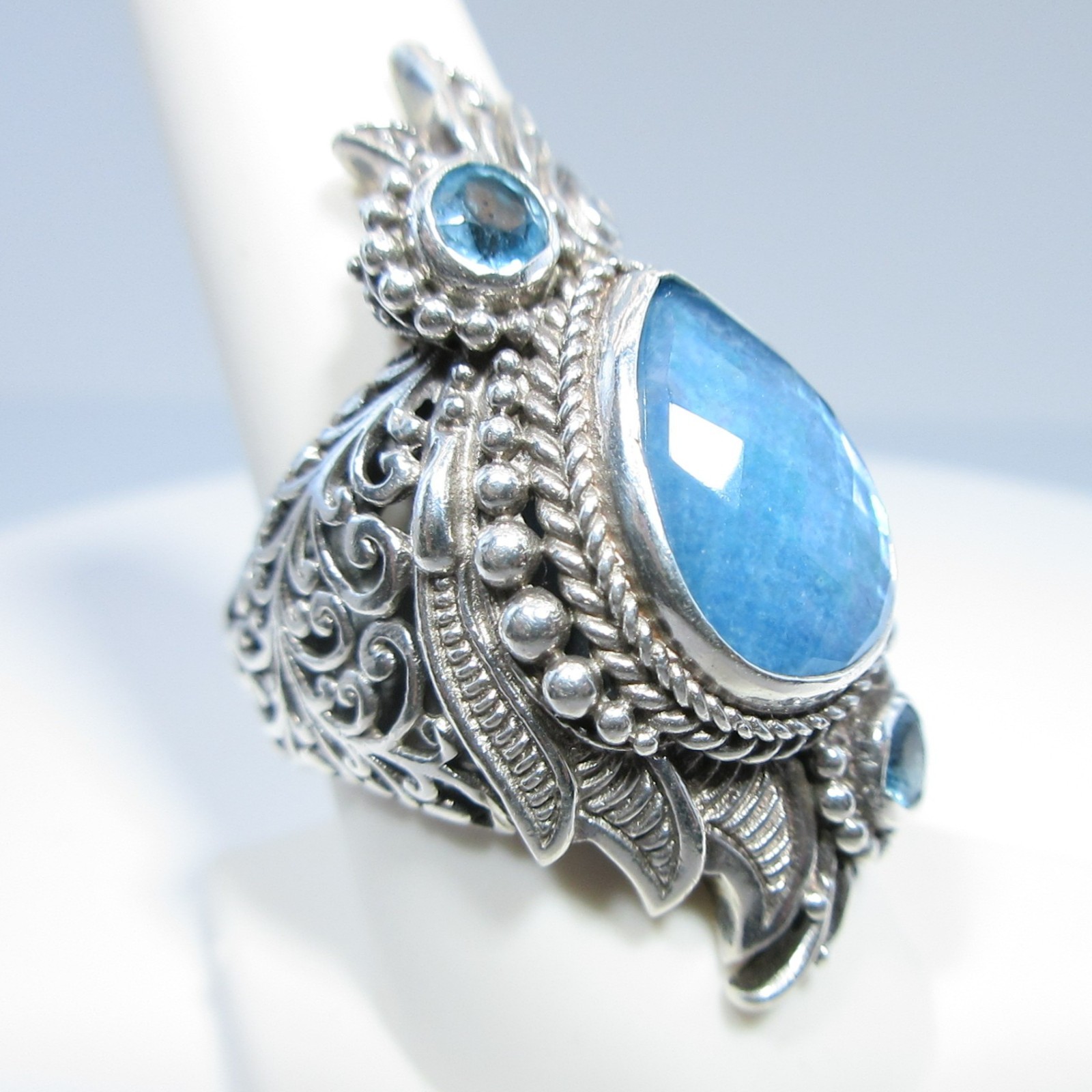 Sarda Sterling Silver Blue MOP Quartz Triplet & Swiss Blue Topaz Ring Size 9